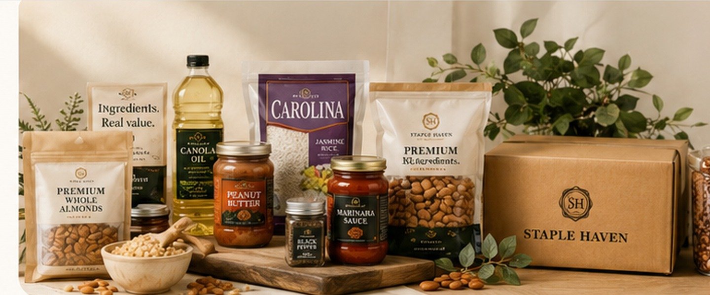 Staple Haven pantry assortment featuring rice, nuts, cooking oil, sauces and dry goods